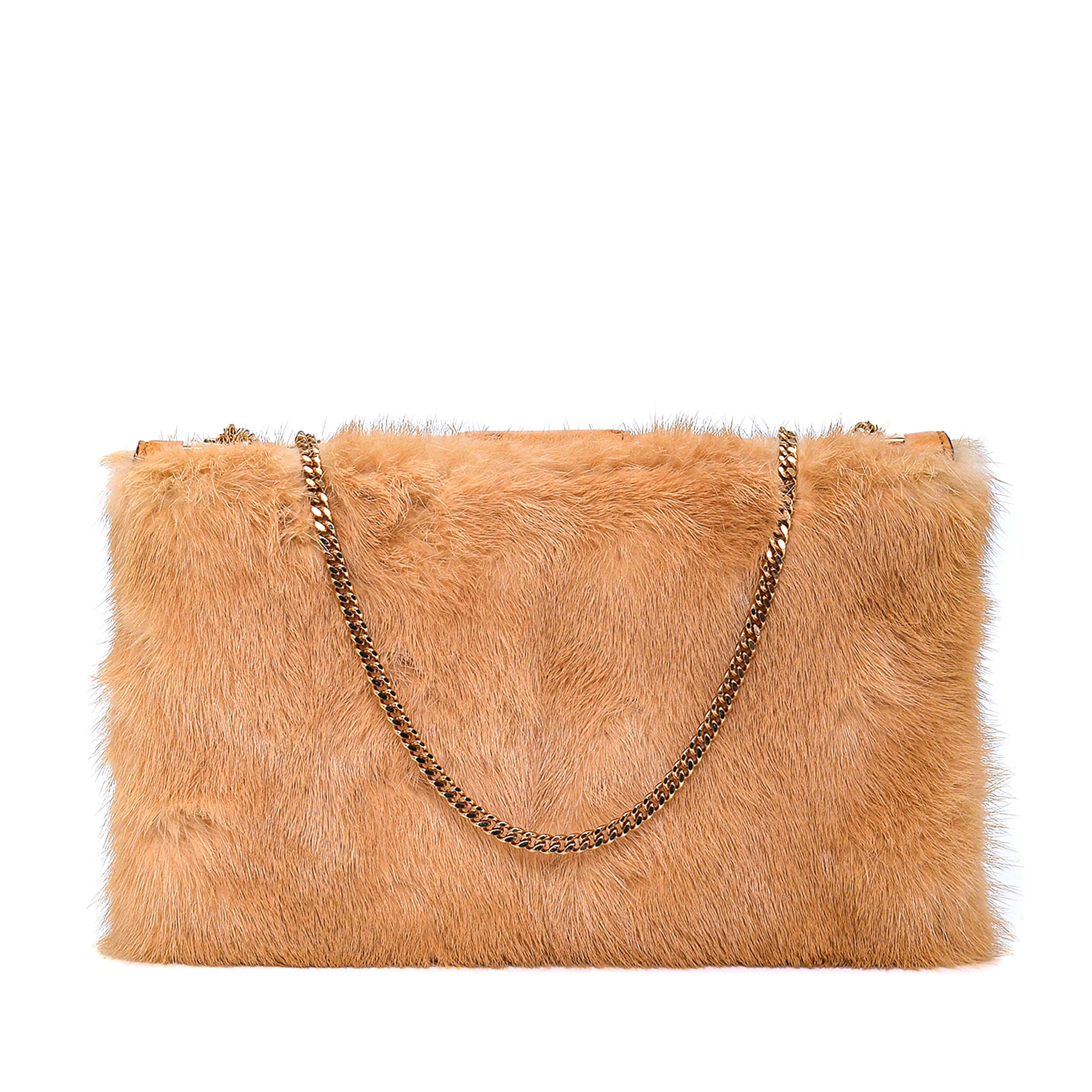 Gucci - Brown Ostrich & Fur Tiger Buckle Crossbody Bag